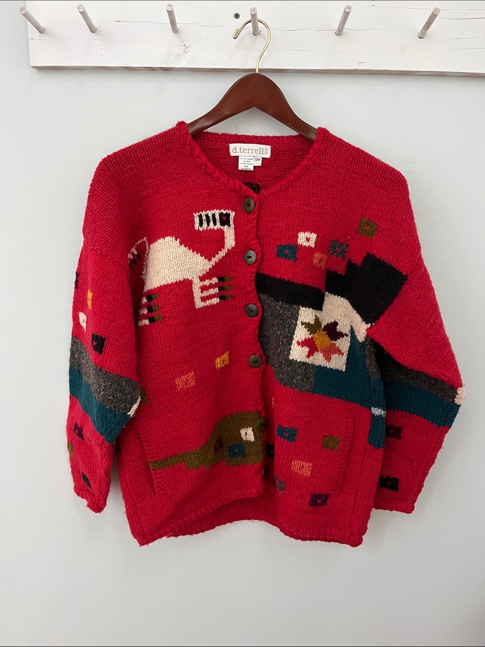 Vintage 90s d.Terrell Red Patterned Button-Front Wool Cardigan